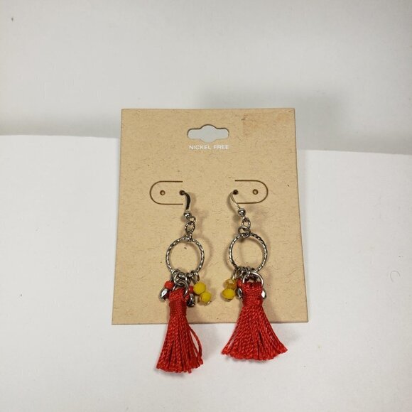Silver tone Hoop Red Tassel Beaded  Drop Dangle Earrings - Picture 4 of 6
